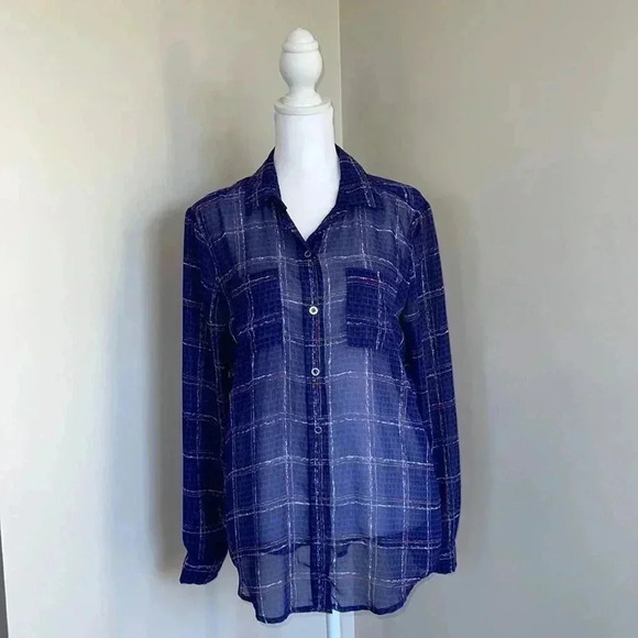 Liz Claiborne Sheer Blue Print Long Sleeve Blouse​​ - Picture 1 of 10